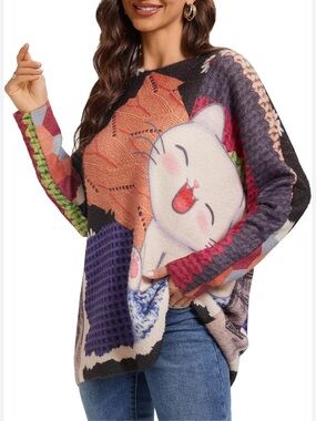 TOGPUTEL OVERSIZE CASUAL SWEATER Boho Knit Patchwork Cat Floral Pattern Harajuku